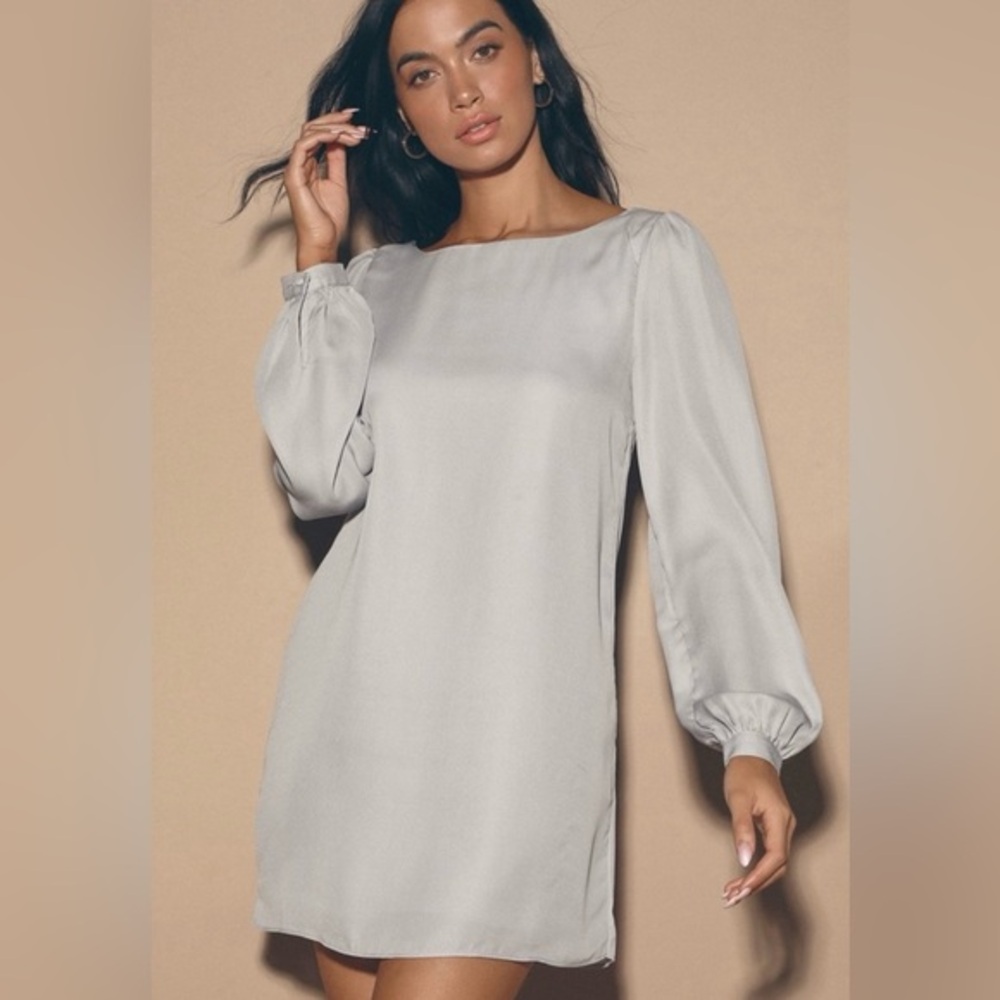 Lulus Gray Long Sleeve Situation Shift Chiffon Tunic Dress, Size M